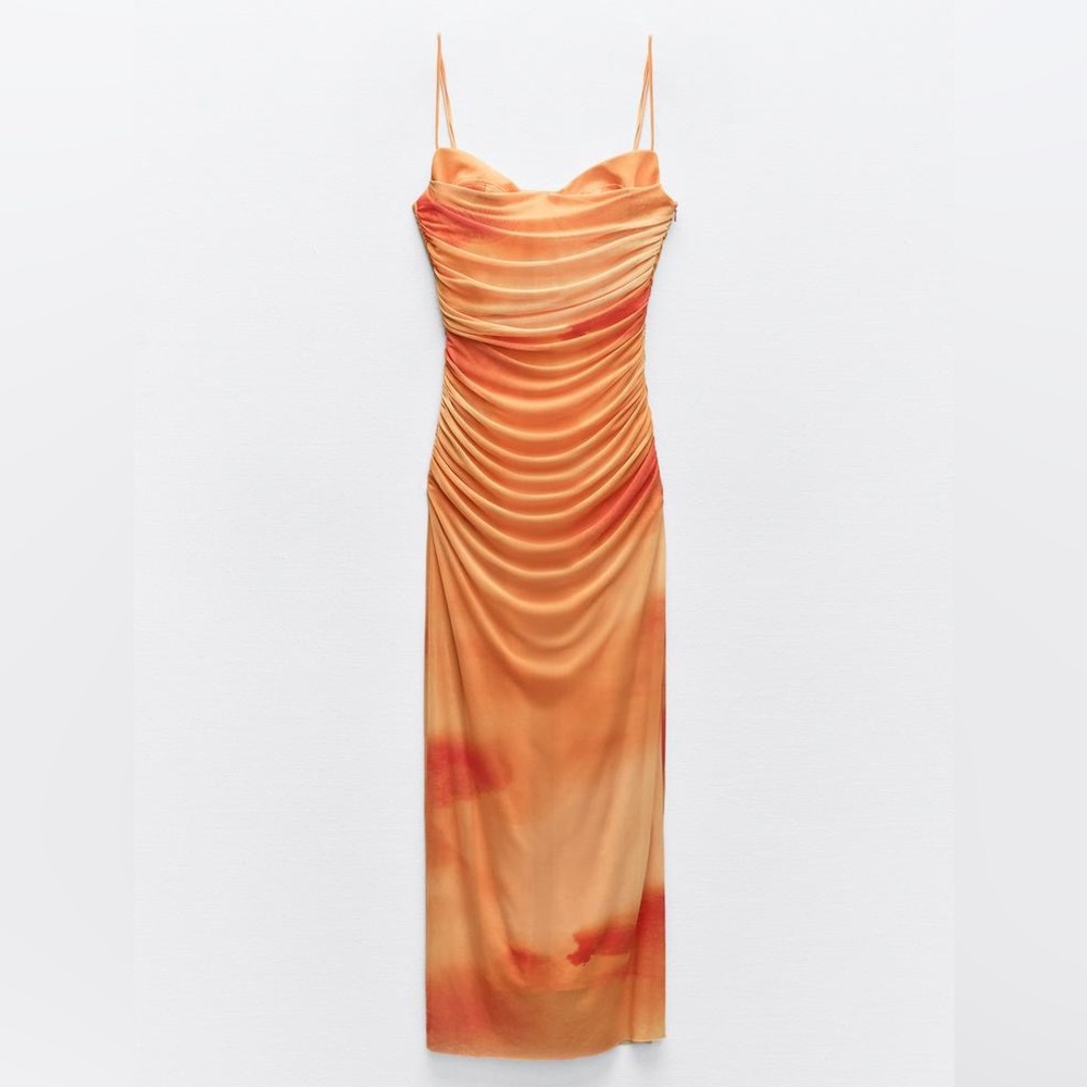 🧡💛NWT ZARA DRAPED PRINTED TULLE DRESS, SIZE L - Picture 2 of 10
